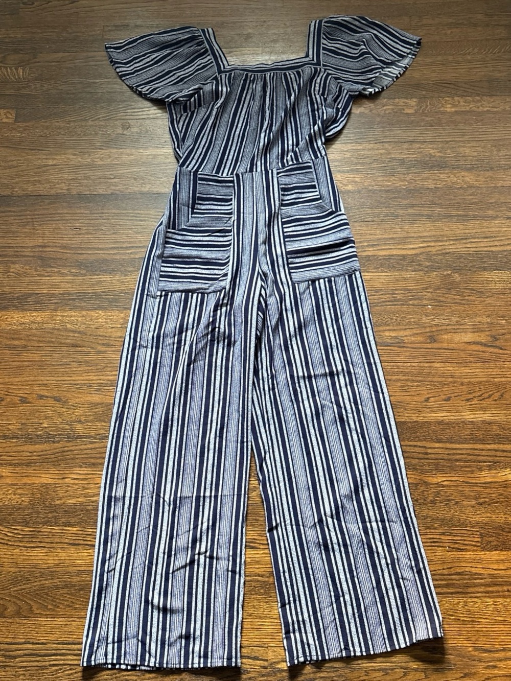 Monteau Navy & White Striped Square-Neck Jumpsuit with Flutter Sleeves